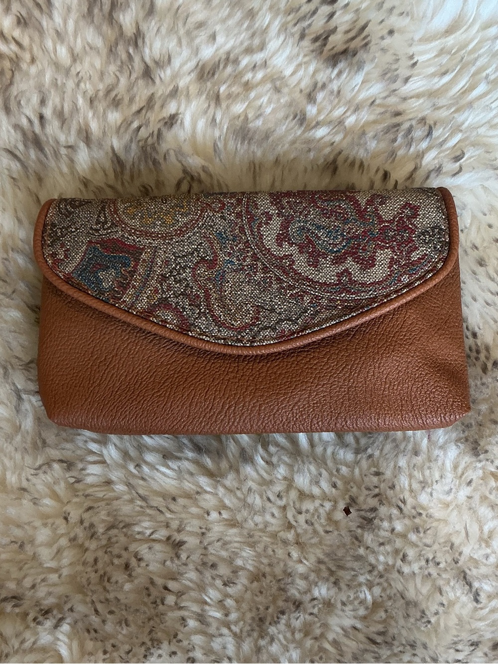 Leather Clutch Wallet in Brown with Paisley Flap